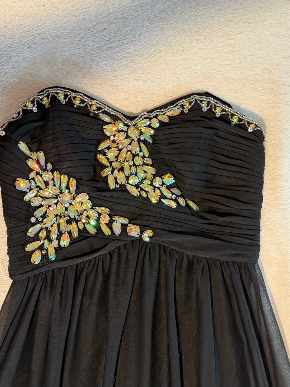 Black Strapless Prom Dress with Iridescent Crystal Appliqué